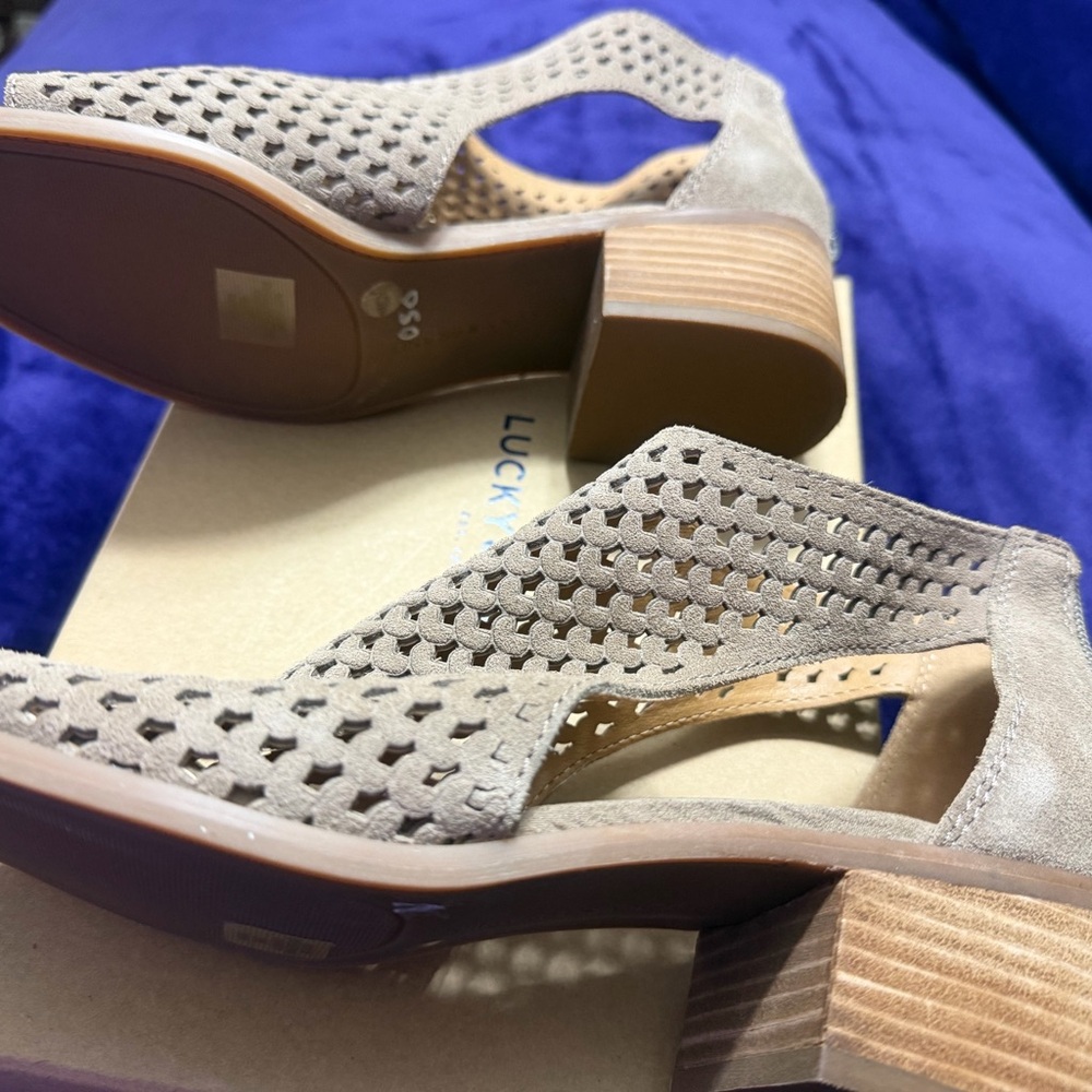 Lucky Brand Taupe Suede Cutout Block Heel Mules